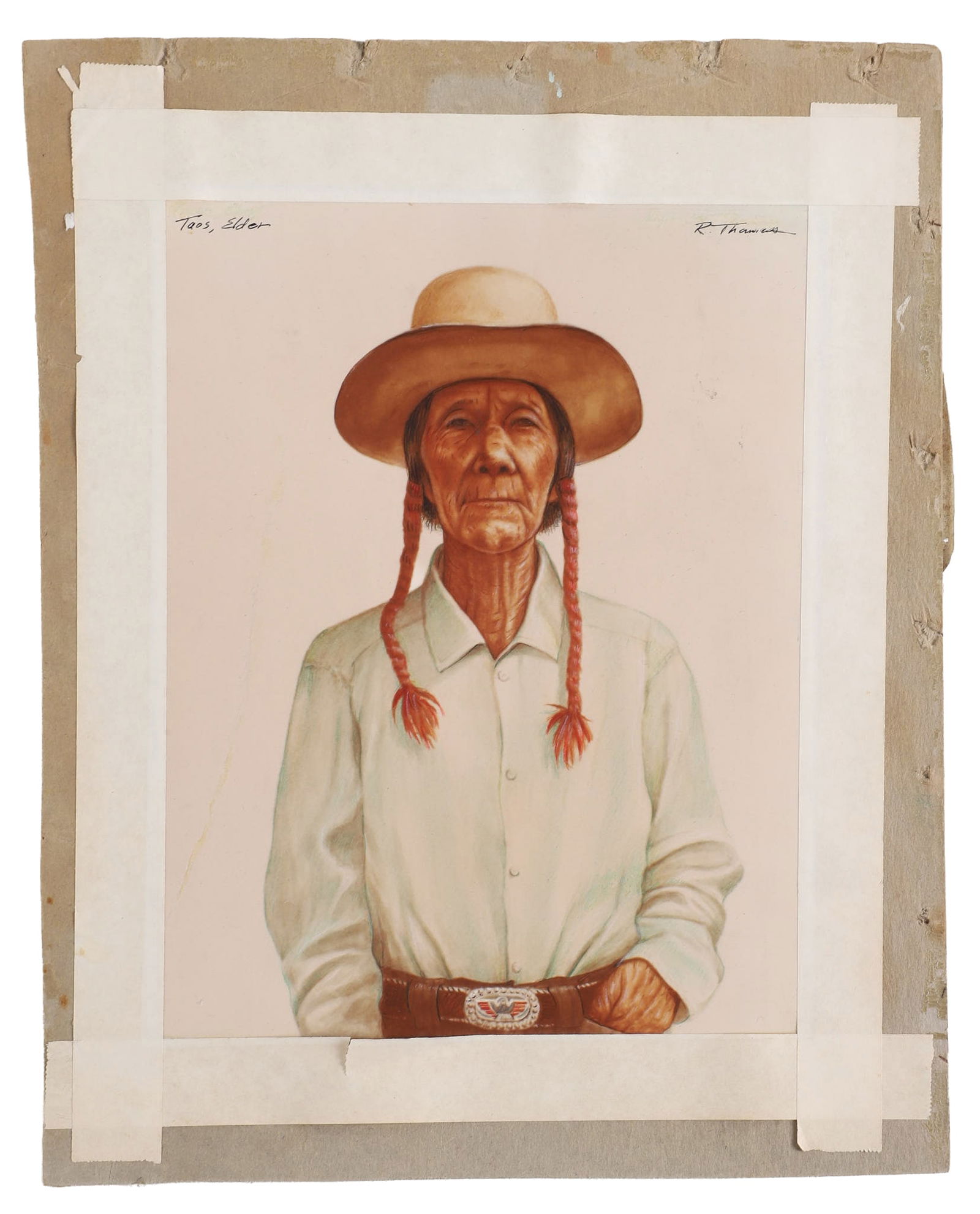 Reynolds Thomas, 'Taos, Elder': Reynolds Thomas (American, 1927-1991, DE/PA Artist) 'Taos, Elder', watercolor on paper, titled upper left corner, signed upper right, "R. Thomas", exhibited Santa Fe, N.M, 1965, 11 1/4"H x 7 3/4"W