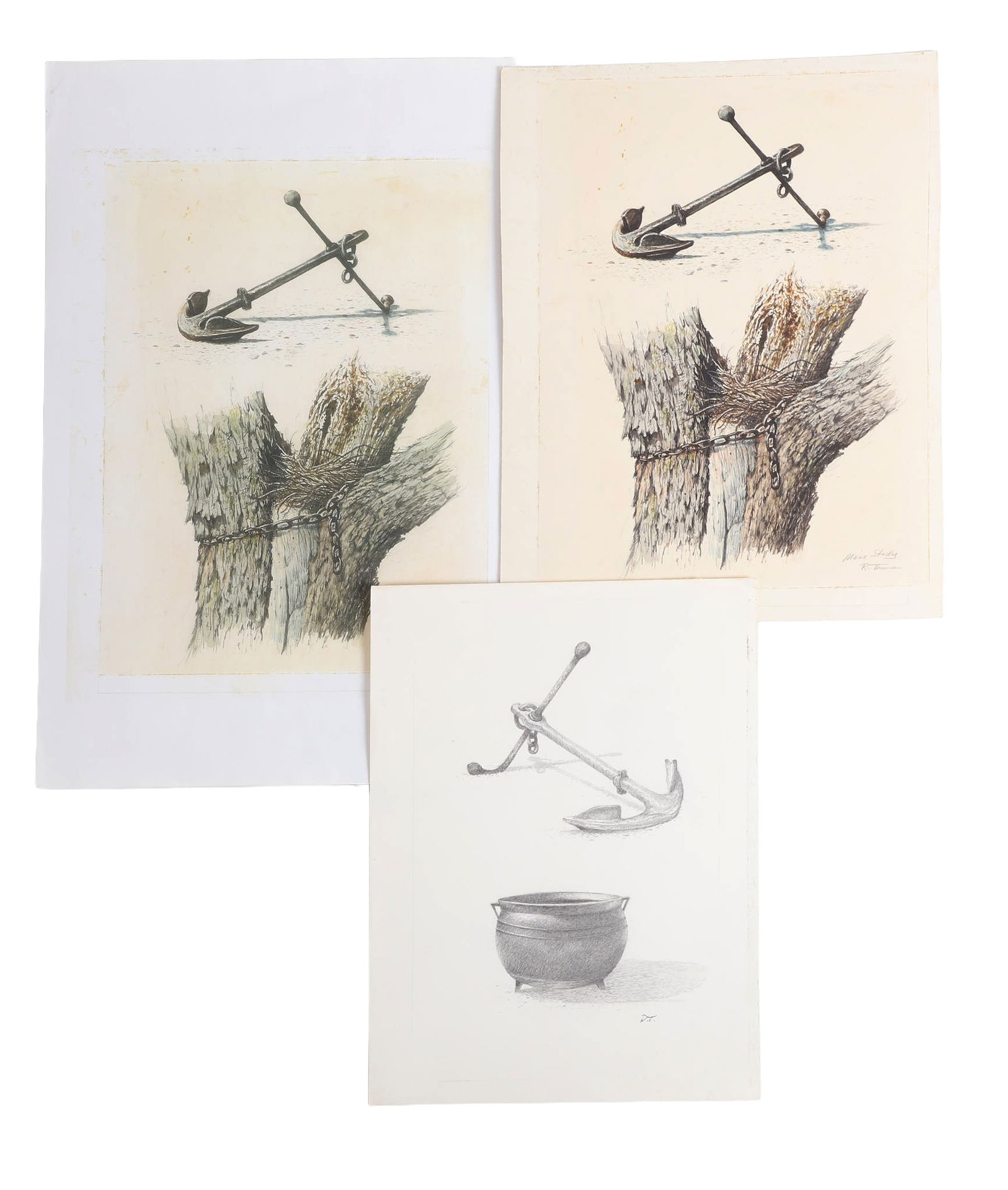 Reynolds Thomas Maine Study and Pencil Drawing: Reynolds Thomas (American, 1927-1991, DE/PA Artist) Maine Study and Pencil Drawing to include "Maine Study/New England Studies" dry brush watercolor on paper anchor at Mystic Seaport Conn. and Tree an