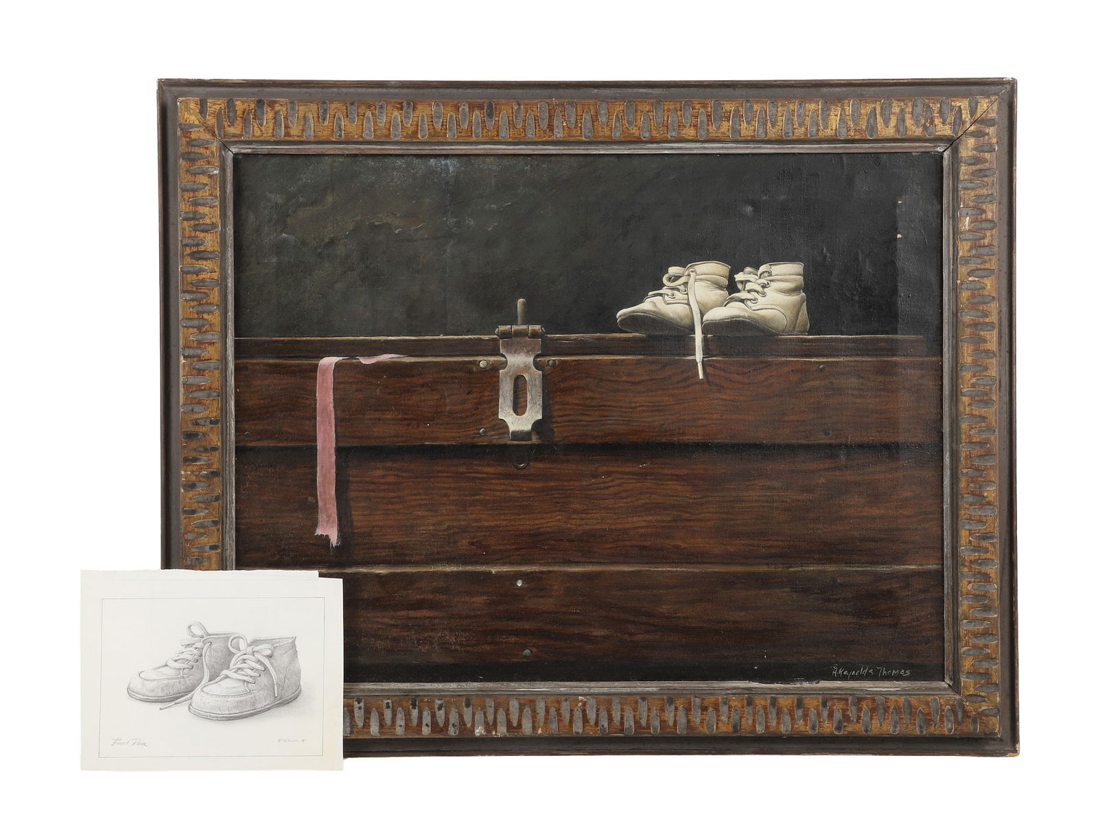 Reynolds Thomas, "Susan's": Reynolds Thomas (American, 1927-1991, DE/PA Artist), "Susan's", oil on canvas, a pair of baby boots set on grained wood chest with pink ribbon, signed H. Reynolds Thomas, 17 1/2"H x 23 1/2"W sight, 22
