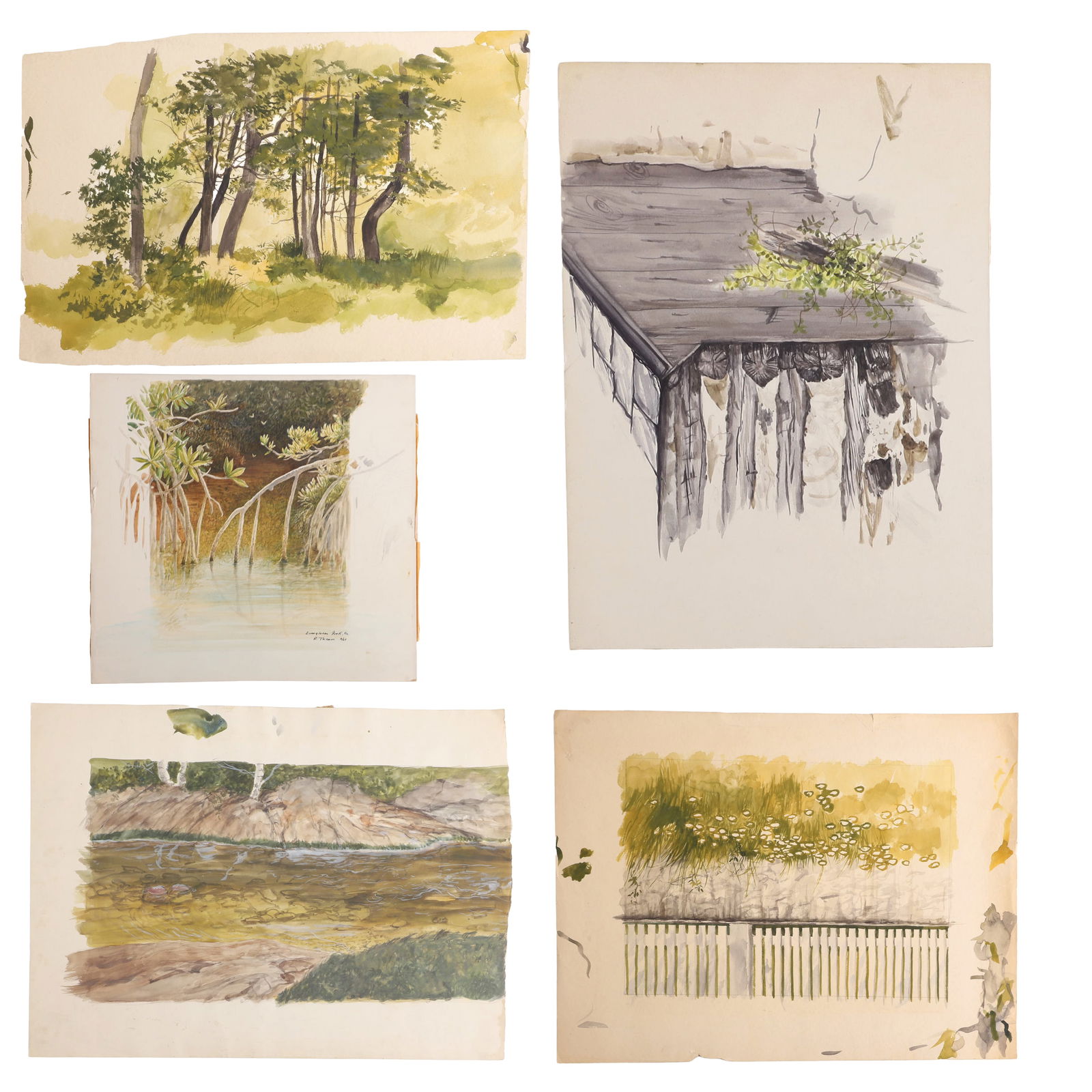 (5) Reynolds Thomas Watercolor Studies: (5) Reynolds Thomas (American, 1927-1991, DE/PA Artist) Watercolor Studies to include a slate roof pumphouse, unsigned, 8"H x 11"W, "Still Pool/Everglades" on board, signed "Everglades Park, Fla. R. T