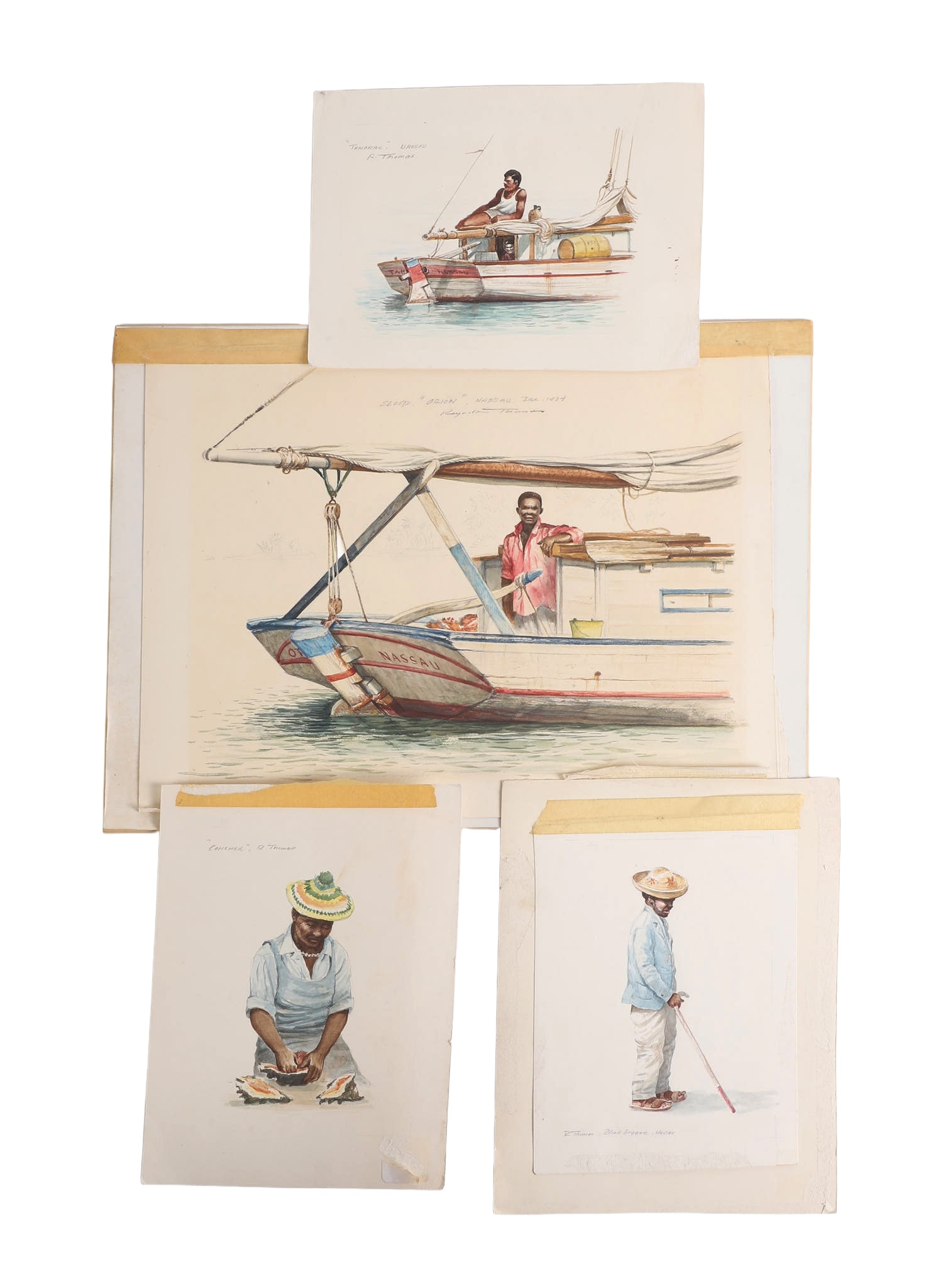 (4) Reynolds Thomas Watercolor Studies, Nassau: (4) Reynolds Thomas (American, 1927-1991, DE/PA Artist) Watercolor Studies, Nassau, to include "Concher" signed "R. Thomas", 8 1/2"H x 6 1/2"W, "Tamarak" Nassau signed "R. Thomas", 6 1/8"H x 8 1/2"W,
