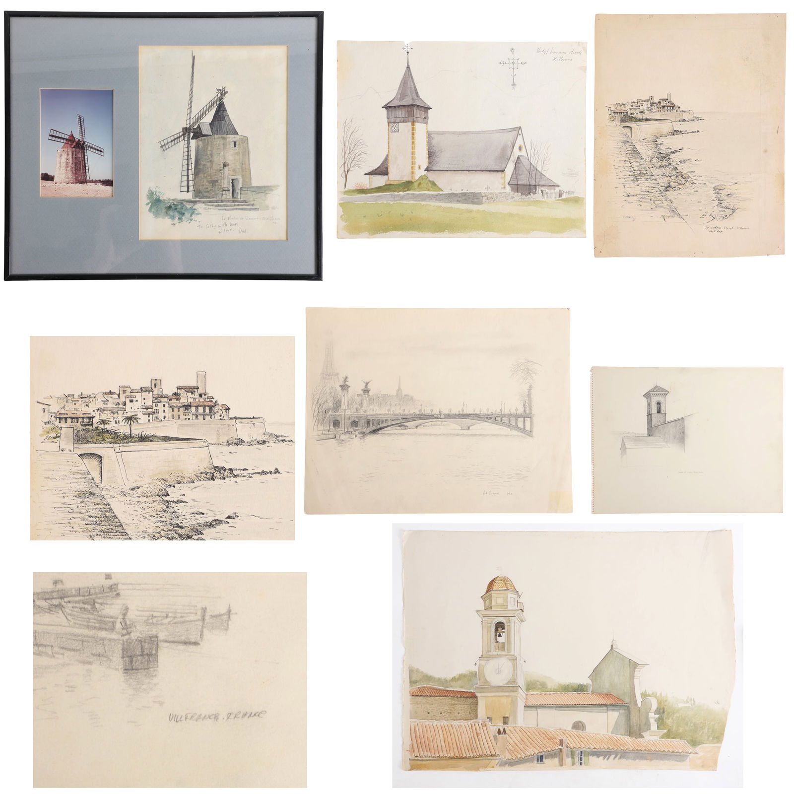 (7) Reynolds Thomas Continental Studies on Paper: (7) Reynolds Thomas (American, 1927-1991, DE/PA Artist) Continental Studies on Paper to include a watercolor on paper, Italian bell tower, 14 3/4"H x 20 1/2"W, unsigned, a pencil study, "Church of Cab
