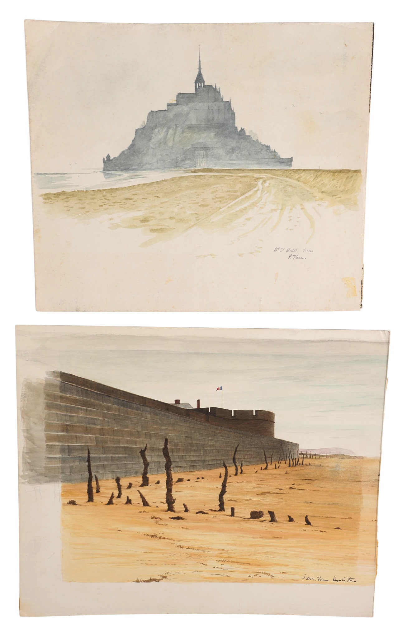 (2) Reynolds Thomas French Commune Scenes: (2) Reynolds Thomas (American, 1927-1991, DE/PA Artist) French Commune scenes to include "Mt. St. Michel", watercolor on paper, signed "R. Thomas 1/22/66" lower right, 10 7/8"H x 13 3/4"H and watercol