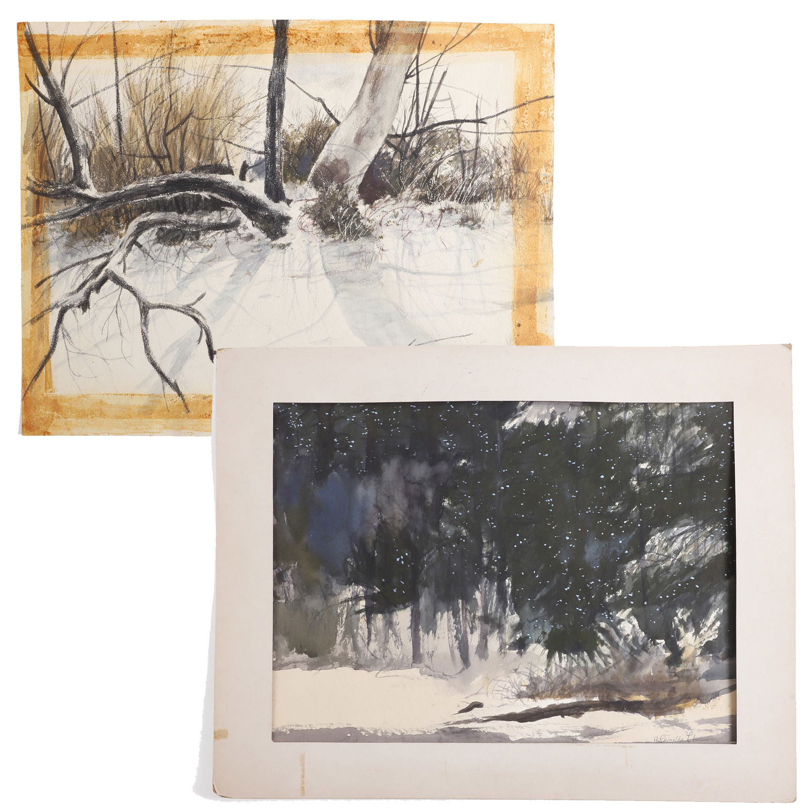 (2) Reynolds Thomas Watercolors on Paper: (2) Reynolds Thomas (American, 1927-1991, DE/PA Artist) Watercolors on Paper to include a snowy wooded landscape, 14"H x 18"W, signed "H. Reynolds Thomas" lower right and a winter landscape at night,