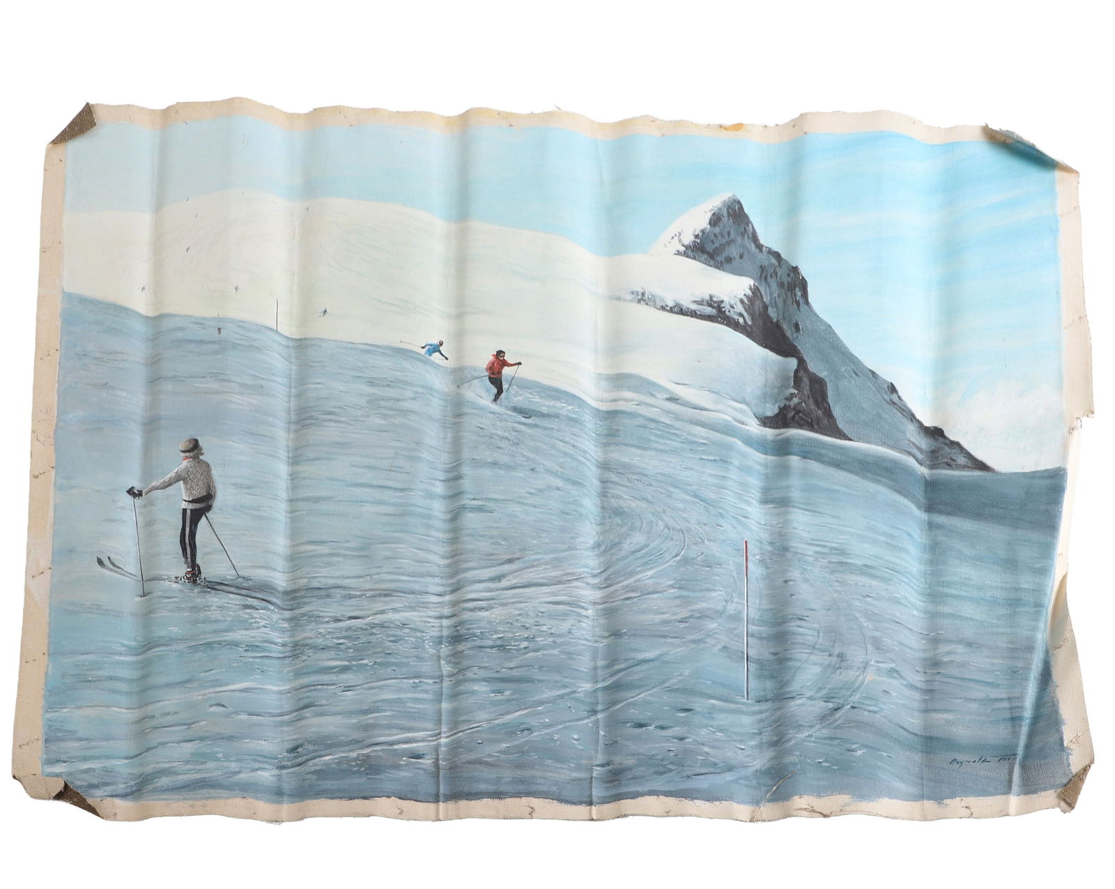 Reynolds Thomas, 'Les Diablerets': Reynolds Thomas (American, 1927-1991, DE/PA Artist) 'Les Diablerets' oil on canvas depicting skiers descending the snowy mountainside, signed "Reynolds Thomas" at bottom right, 19 1/2"H x 28 1/2"W, un