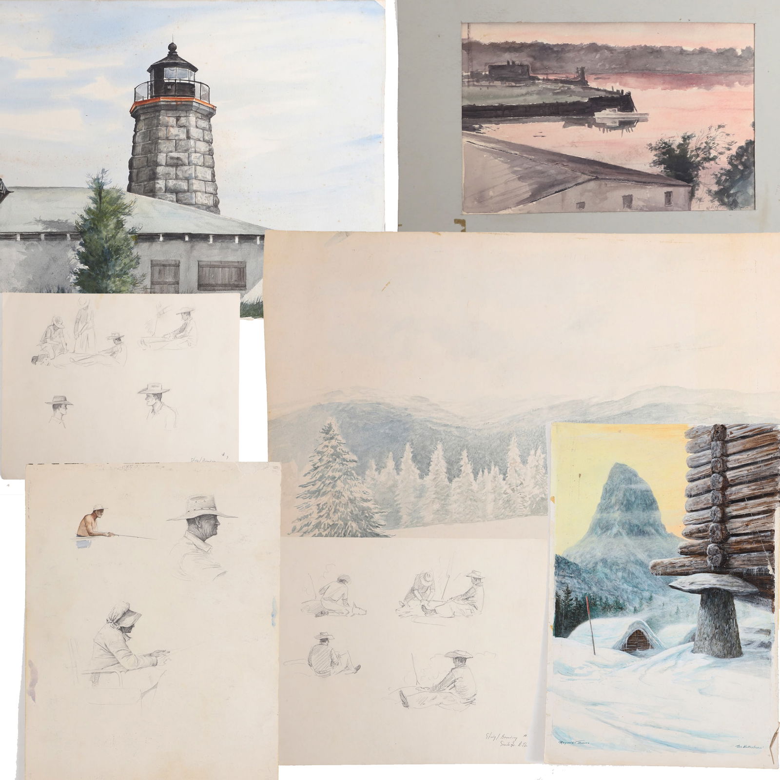A Collection of Reynolds Thomas Works: A Collection of Reynolds Thomas Works to include "The Matterhorn" acrylic on board, 14 3/4"H x 9 7/8"W, signed "Reynolds Thomas" at lower left, dated 10/79 at back, watercolor on paper, "Merry Christm