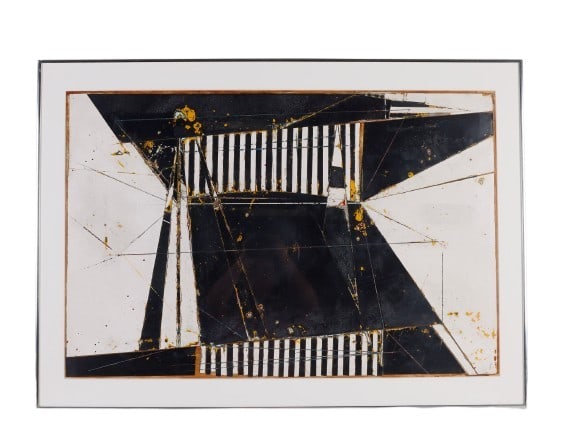 Paul Edward Schwarz Abstract Painting "Horizon 1": Paul Edward Schwarz (American, 1946-1998) MI artist, abstract painting "Horizon 1", mixed media paint on paper, no visible signature, label on reverse from Feigenson Gallery, Detroit, Michigan, housed