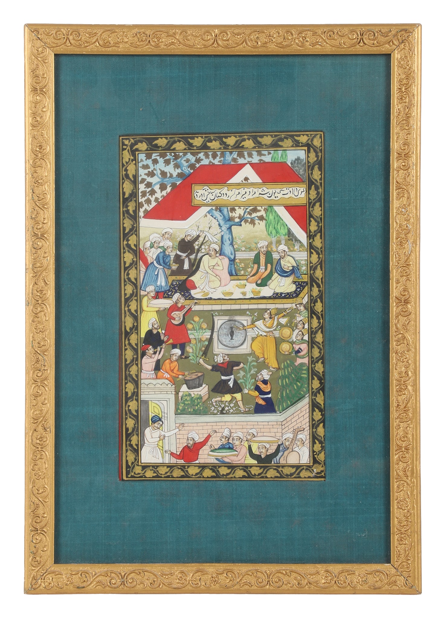 Mughal Illuminated Page, Vaqiati Baburi: From the Memoirs of Babur, this illustration depicts Babur's Celebration of the birth of his son, Prince Hamayun. Age unknown. Size: 16" H x 11.25" W, frame, 10" H x 6" W, sight.
