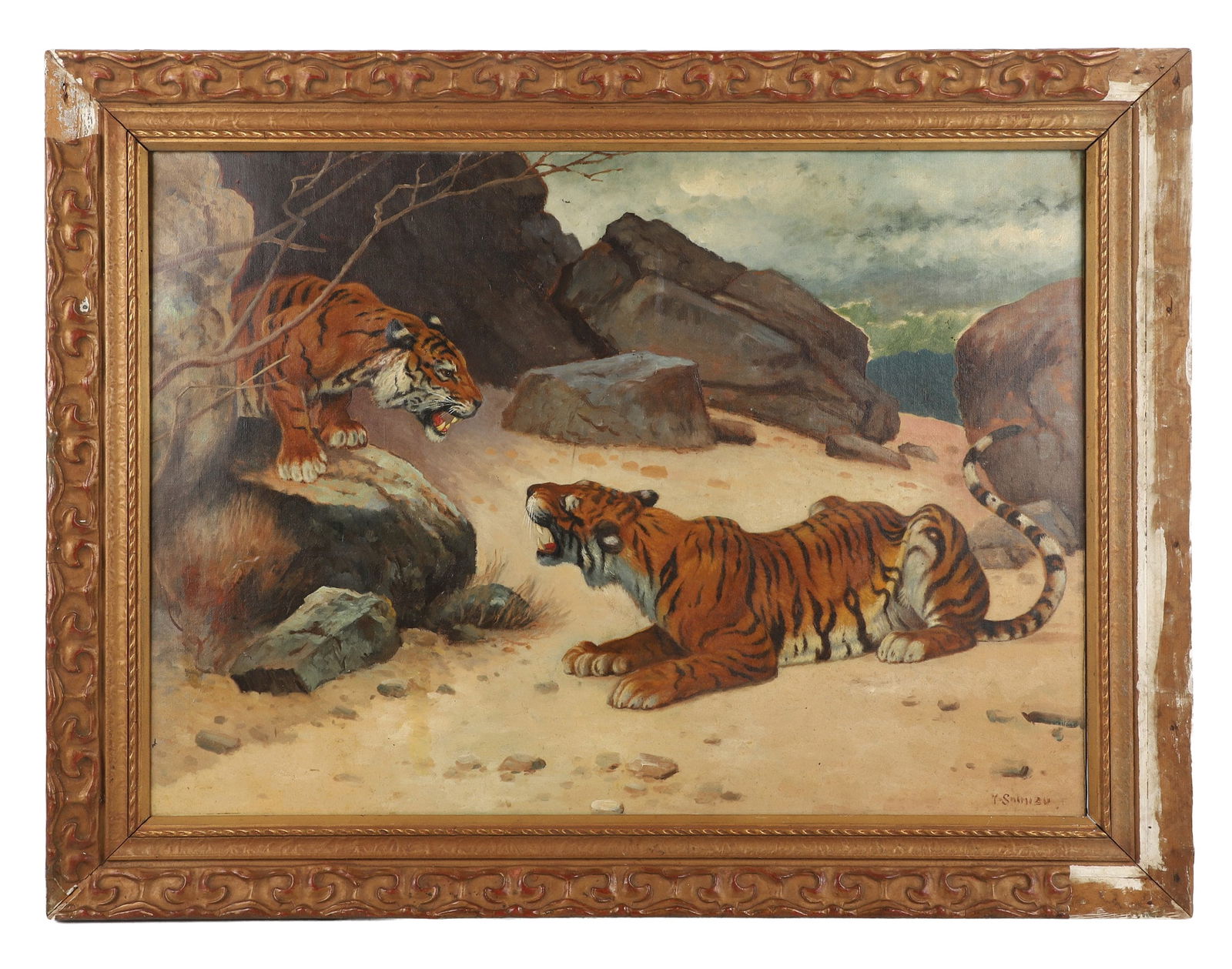 Yoshio Shimizu (Japanese, 20th C) Tigers Painting: Oil on canvas landscape composition with 2 tigers in a bouldered terrain. Signed LRHC. Gesso over wood frame with loose pieces of gesso in a bag. Size: 32" H x 42.5" W, frame, 25" H x 36" W, sight.