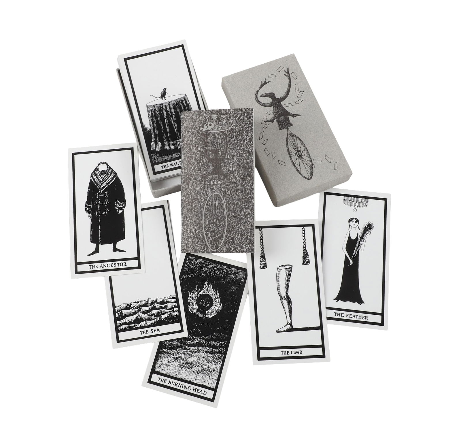 The Fantod Pack, Edward Gorey Signed: The Fantod Pack Interpreted by Madame Groeda Weyrd (anagram of Edward Gorey. Third printing #21 out of 500, signed by Edward Gorey. Gotham Book Mart. 20 glossy tarot cards. Size: 5"H 2.75"W x .75"D