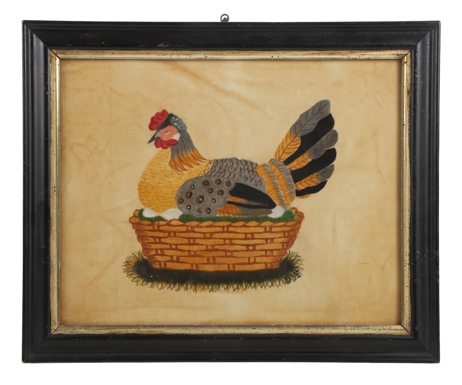 David Ellinger Theorem Painting: David Ellinger Theorem Painting, polychrome painting on cream colored velvet depicting a hen on nest, signed D.Y.E at lower right, in ebonized and gilt decorated frame, 13 1/2"H x 16 1/2"W overall, 10