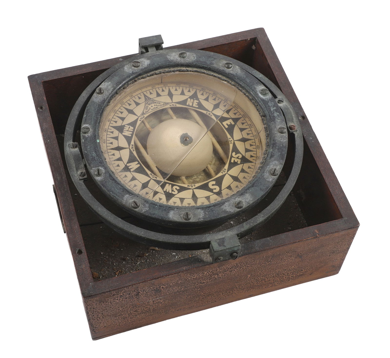 19th C. George Woodman Ships Compass: 19th C. George Woodman Ships Compass, in half box, 8 1/8" dia, 11" square overall, 2149, signed Geo. Woodman Maker & Adjuster New York , lacking lid.