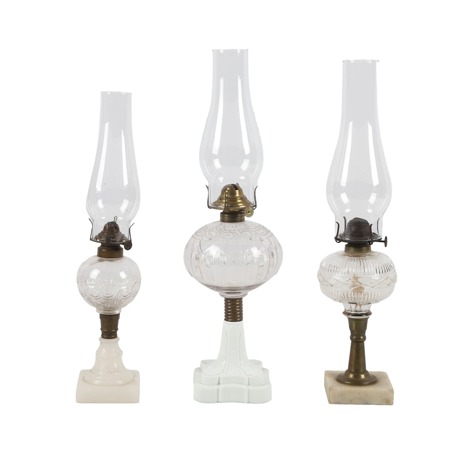 (3) Pressed Glass Oil Lamps: (3) Pressed Glass Oil lamps to with chimneys to include Queen Anne Oil Lamp on milk glass square base, Banner Oil Lamp on milk glass base and Eagle Oil Lamp on marble base.