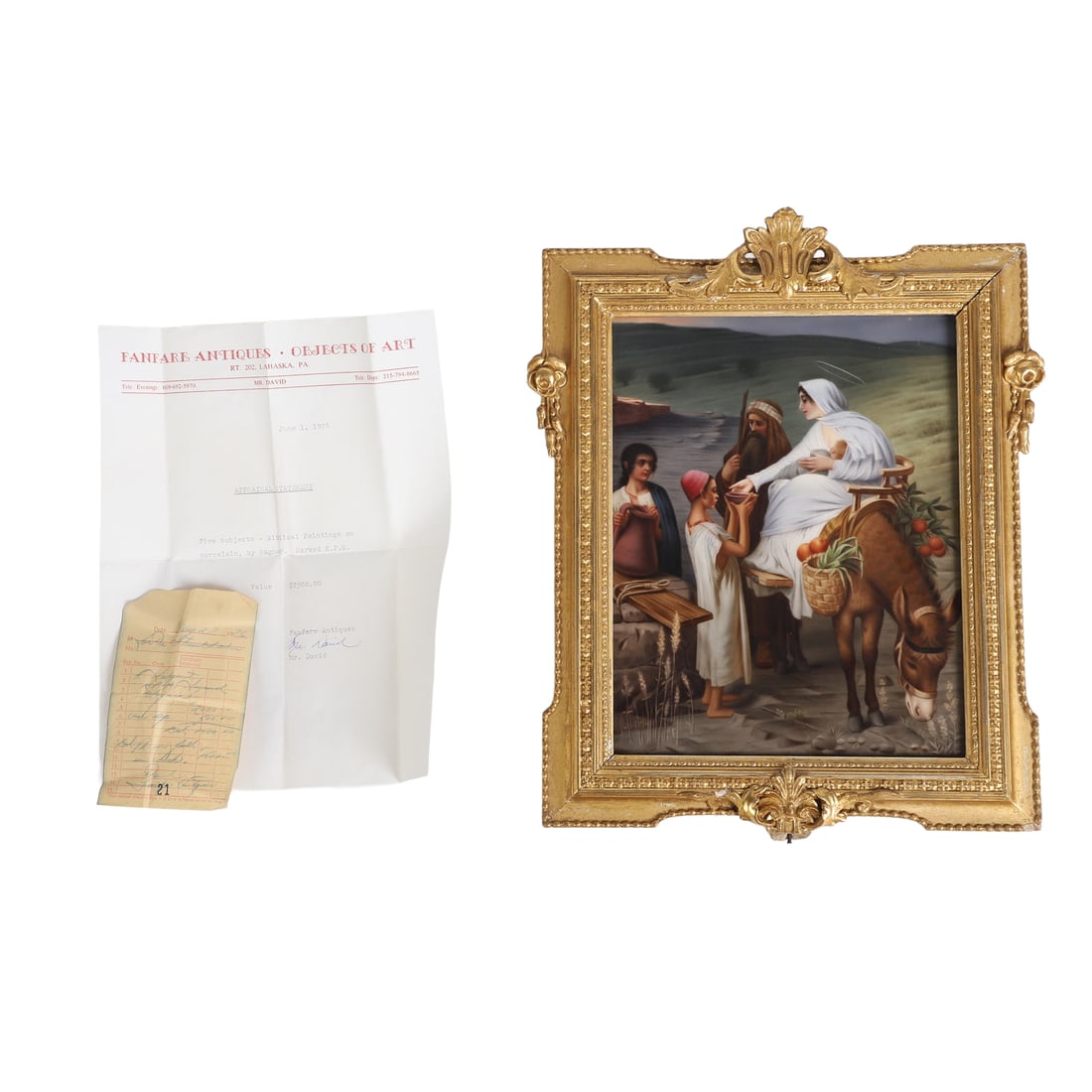 Fine KPM Porcelain Plaque signed "Wagner".: Fine KPM Porcelain Plaque signed "Wagner", late 19th C., depicting the Holy Family after painting "Rest on the Flight into Egypt" by Hermann Kaulbach(1846-1909), signed "Wagner" lower left, impressed