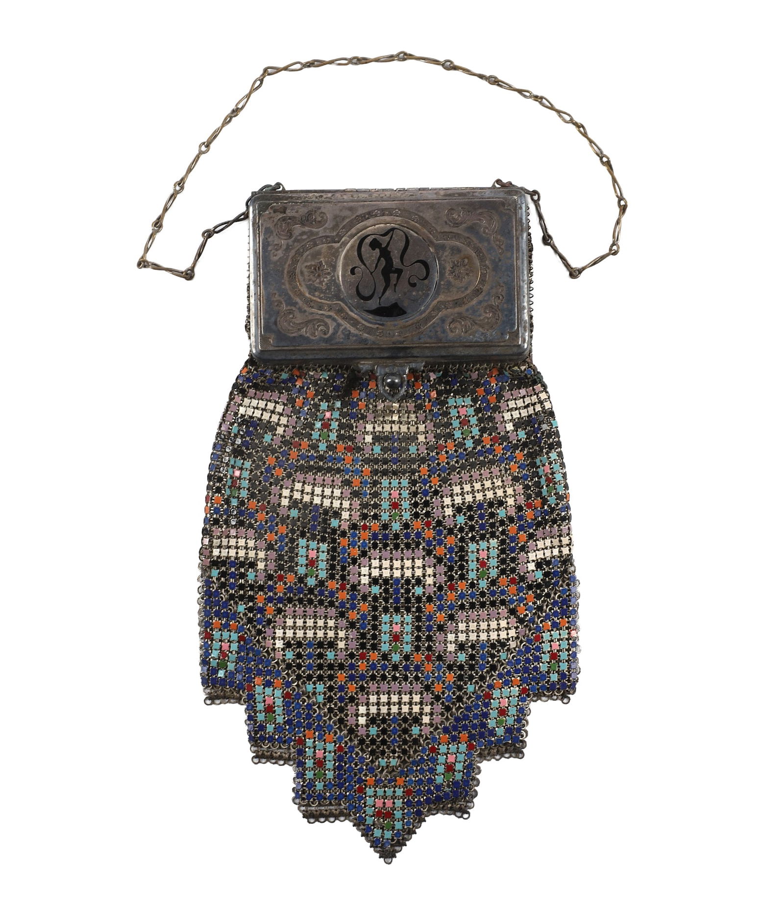 1920s Whiting and Davis Mesh Compact Purse: 1920s Whiting and Davis Mesh Compact Purse, El Sah style, signed Whiting and Davis, the silver tone chased and black enameled lid with the form of a nude dancer, the divided interior with rouge and
