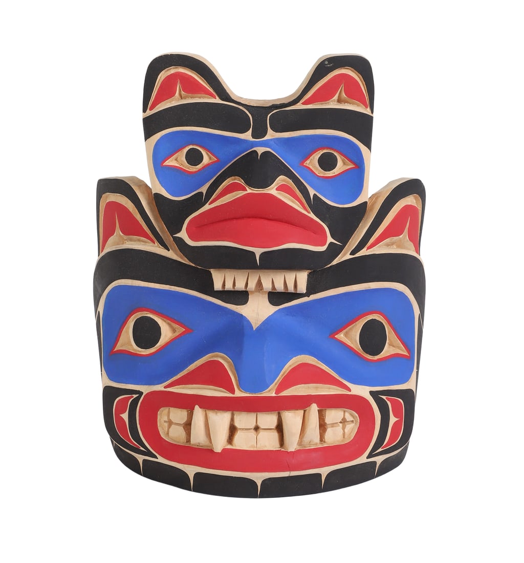 Elton LaFontaine Carved Northwest Coastal Mask: Elton LaFontaine Carved Pacific Northwest Coastal Mask, Signed La Fontaine Vancouver B.C. 2000, "Mother Bear And Baby Bear", Initials CTE, TIM, 11" h, Elton Lafontaine was born into the Cree Nation