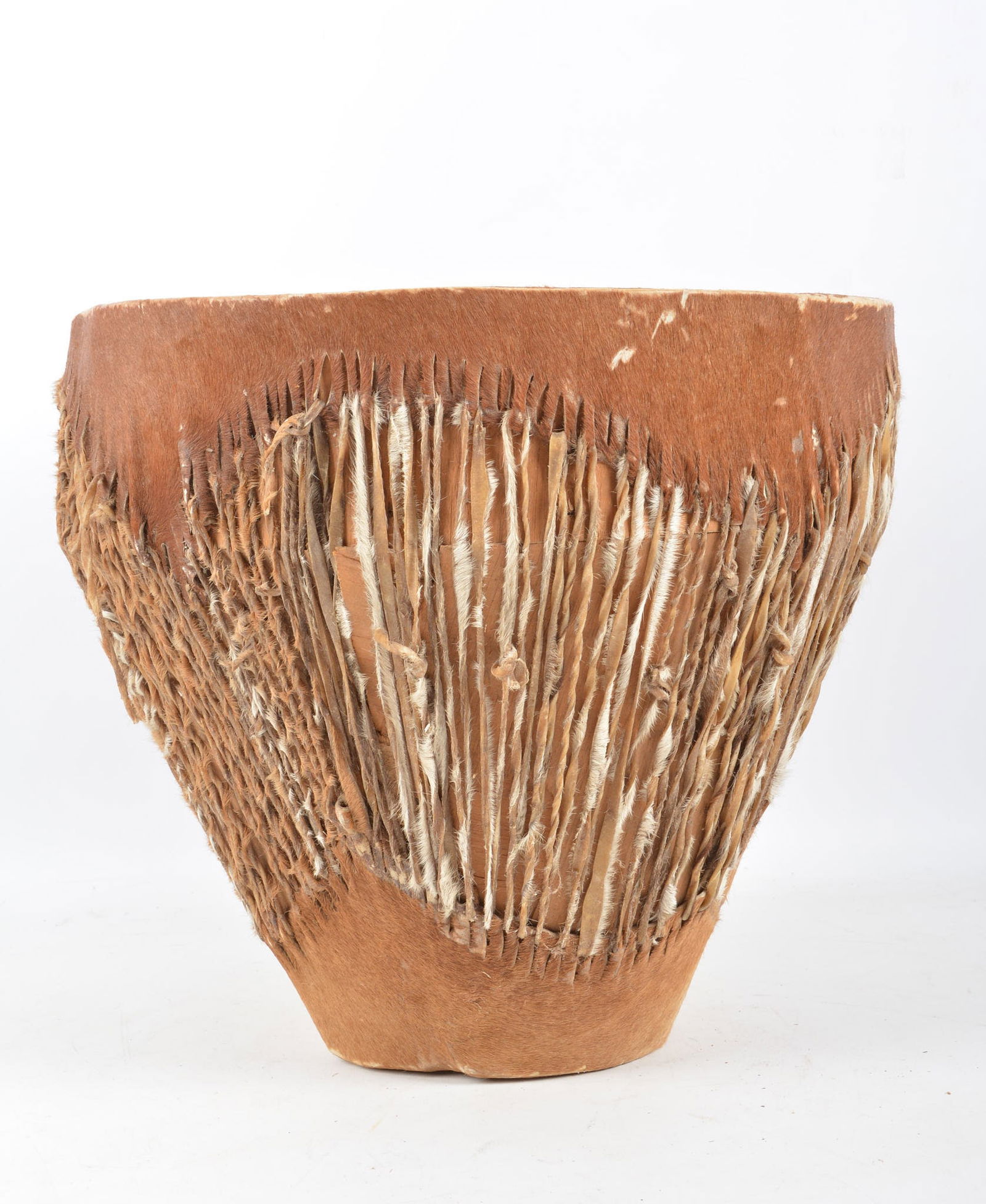 Traditional African Hide Drum: Traditional African Hide Drum, 14.5" h., approx. 15/25" dia top