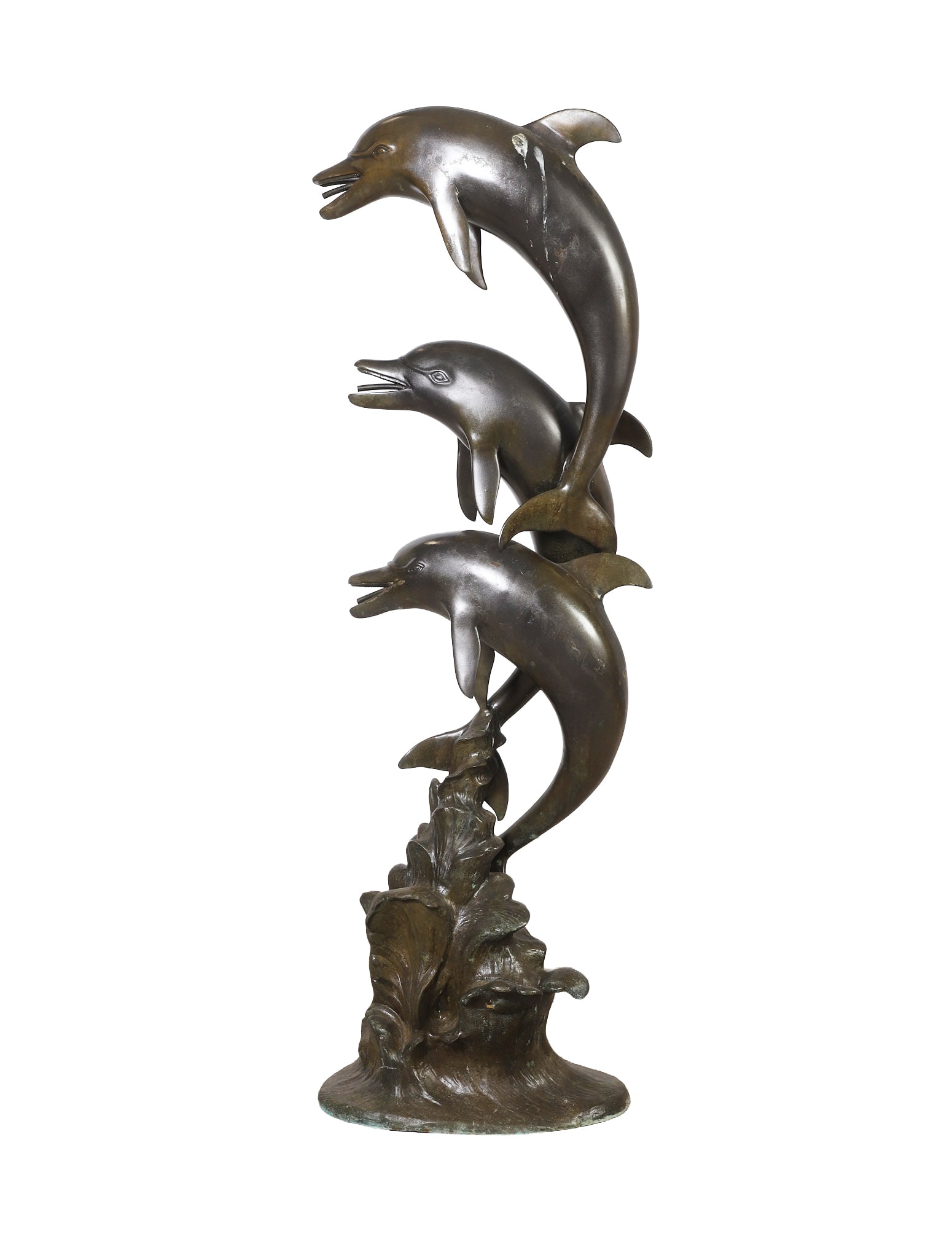 Bronze Frolicking Dolphin Garden Fountain Head: Figural bronze sculpture of 3 dolphins dancing on the waves, each with a spout in their mouths. Size: 62.5" H x 20" W x 11" D