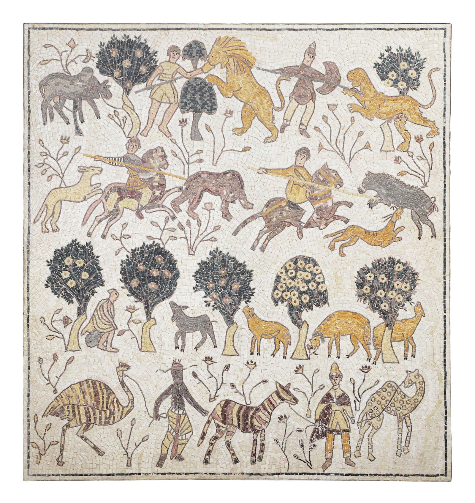 Reproduction Ancient Jordanian Mosaic: Reproduction Ancient Jordanian Mosaic, Baptistery of Moses, Mount Nebo, Jordan, vibrant hunting and pastoral scenes with African animals, zebras, lions, and an ostrich, the original dated to 531 AD,