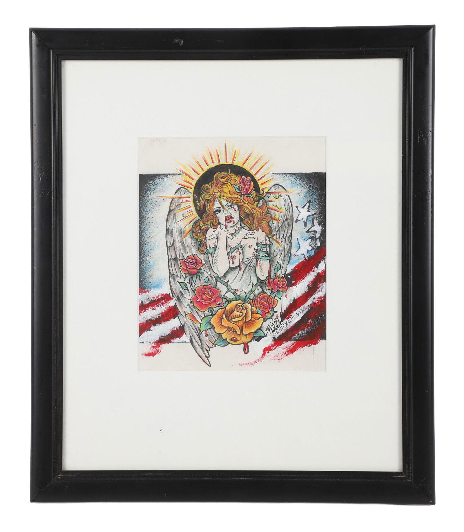 Original Tattoo Flash Art: By renegade tattoo artist, Spider Webb, born Joseph Patrick O'Sullivan (March 3, 1944 - July 2, 2022). Hand drawn and colored in 2001 after the events of September 11th. Signed. Size: frame 20.25"H x