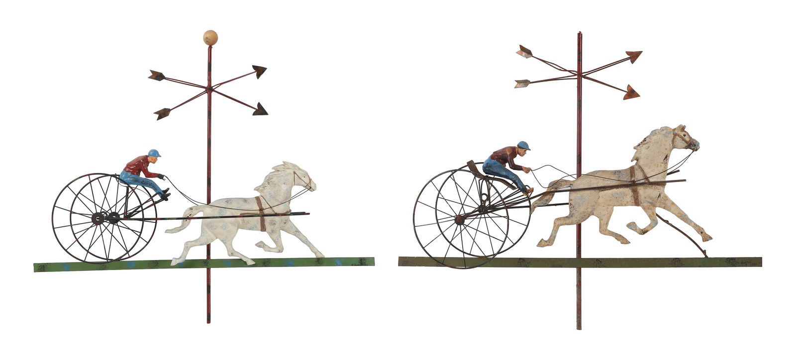 (2) Signed Curtis Jere Sulky Racer Sculptures: Signed Curtis Jere, 1982. Wrought and cast iron wall hung sculptures. Each with its own character as each was assembled slightly differently. Size: 24" H x 28" W x 4.5" D