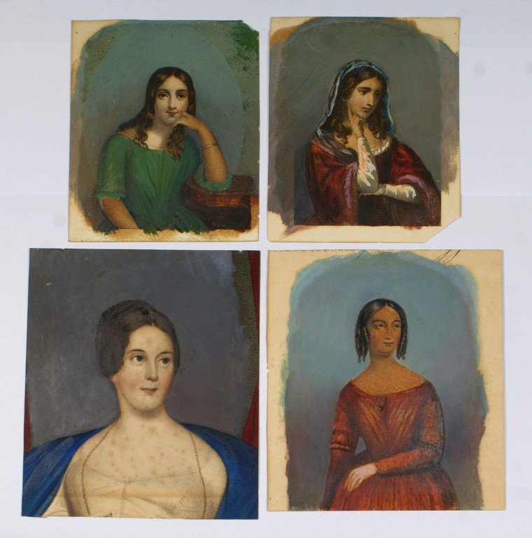 (4) miniature hand tinted lithograph portraits on paper: (4) miniature hand tinted lithograph portraits on paper of young women, under gilt paper mattes, largest 4 1/2" x 4", unframed, unsigned