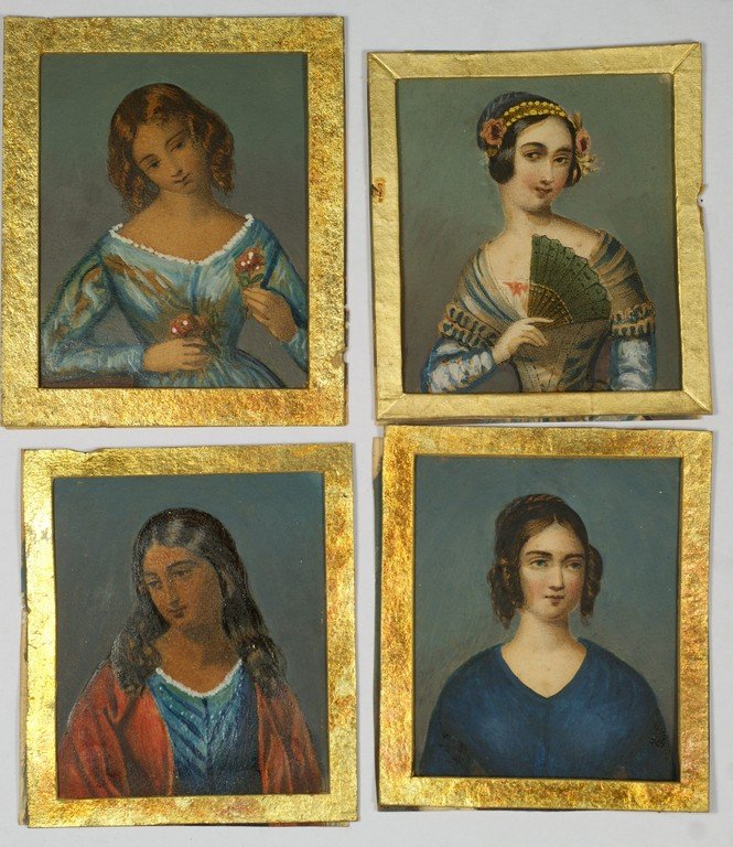 (4) miniature hand tinted lithograph portraits on paper: (4) miniature hand tinted lithograph portraits on paper of young women, under gilt paper mattes, largest 3 1/4" x 3", one may be China Trade, unframed, unsigned