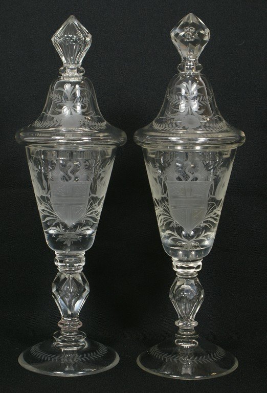 Pr engraved Bohemian clear crystal pokals, 2 gryphons: Pr engraved Bohemian clear crystal pokals, 2 gryphons flanking a coat of arms, controlled bubble in finial, 14 1/4" tall