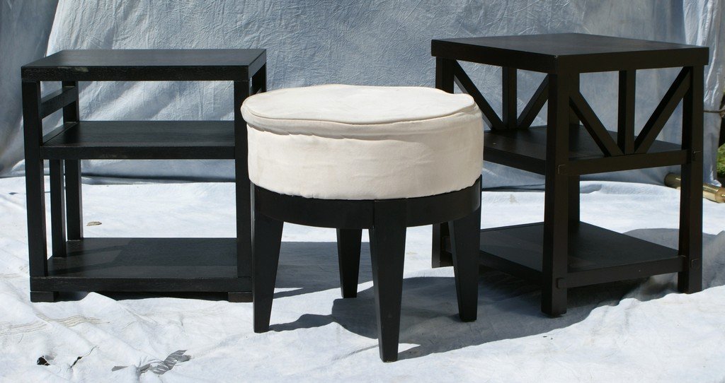 (2) 3-tier side tables and an upholstered vanity bench,: (2) 3-tier side tables and an upholstered vanity bench, largest 21" h, 15-1/2" d, 19" w