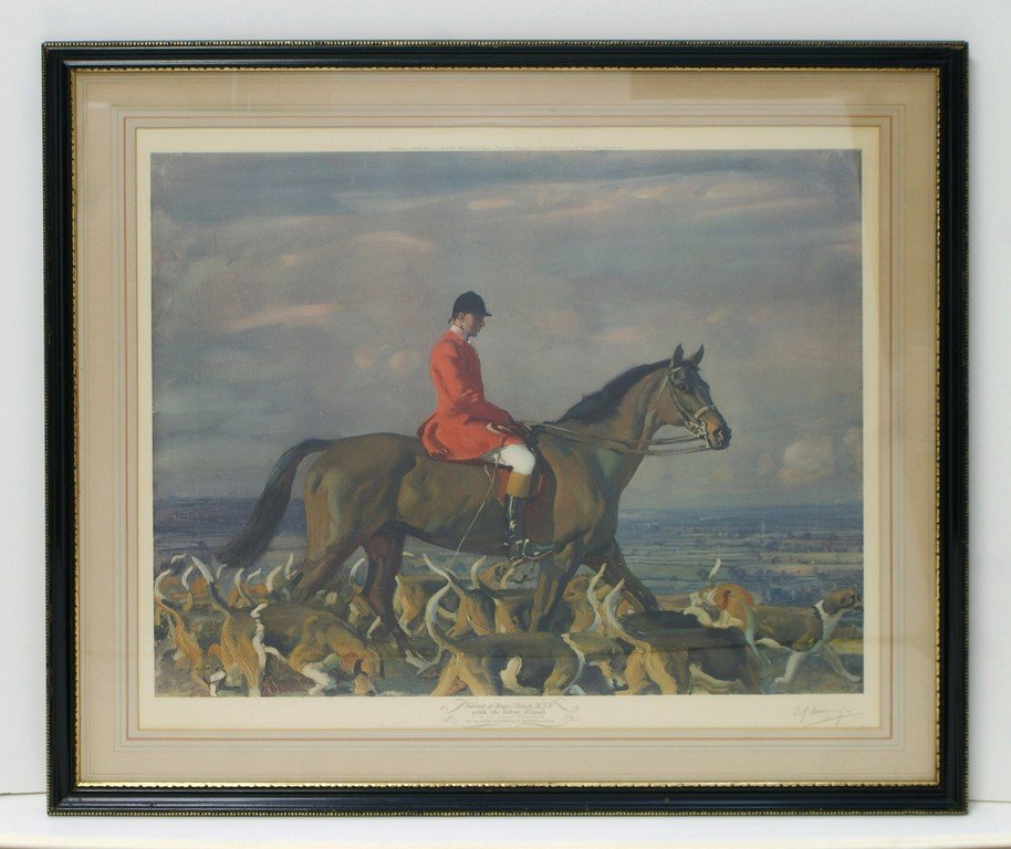 Sir Alfred Munnings Print, "Portrait of Major J Bouch: Sir Alfred Munnings Print, "Portrait of Major J Bouch MFH with the Belvoir Hounds", pencil signed lower right, published in 1956 by Frost and Reed LTD Bristol and London, England, sight size 19-1-2" x