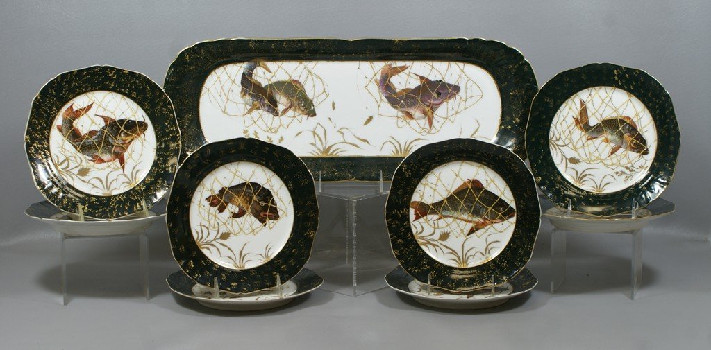 9 pc Limoges Hand Painted Fish Set by M & R, including: 9 pc Limoges Hand Painted Fish Set by M & R, including a platter and 8 plates, platter 23" long x 8-1/2" h