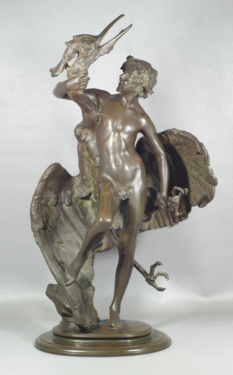 Frederick MacMonnies, American, 1863-1937, Young Faun: Frederick MacMonnies, American, 1863-1937, Young Faun with Heron, bronze sculpture, base inscribed Copyright "1894 / Paris 1890 / Frederick MacMonnies", with foundry stamp of Jaboeuf & Rouard, Fondeur
