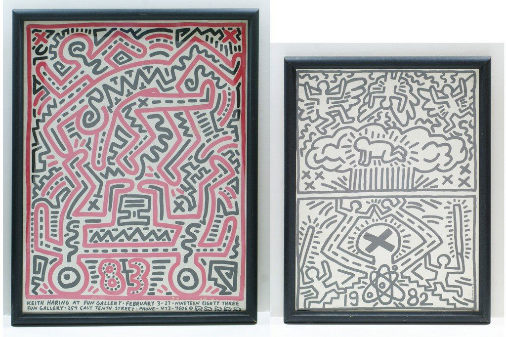 (2) Keith Haring posters, offset lithographs, Fun: (2) Keith Haring posters, offset lithographs, Fun Gallery, 1983, 29" x 23", Nuclear Disarmament, 1982, 24" x 18", framed