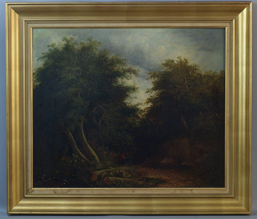 Attributed to William Keith, American, CA, 1839-1911,: Attributed to William Keith, American, CA, 1839-1911, O/C, Autumn Landscape, 20" x 24", relined, Newman Galleries label verso
