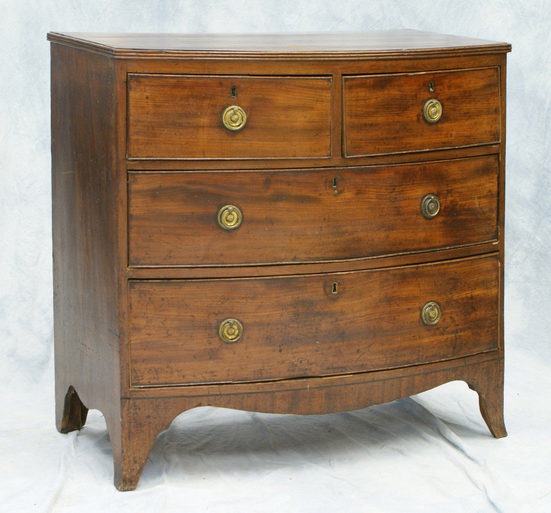 Mahogany Georgian bureau, 2 short over 2 long bowed: Mahogany Georgian bureau, 2 short over 2 long bowed drawers, reeded edge top, flared French feet, replaced brasses, c 1800, 36" w, 36" h, 19 3/4" d, missing majority of back boards