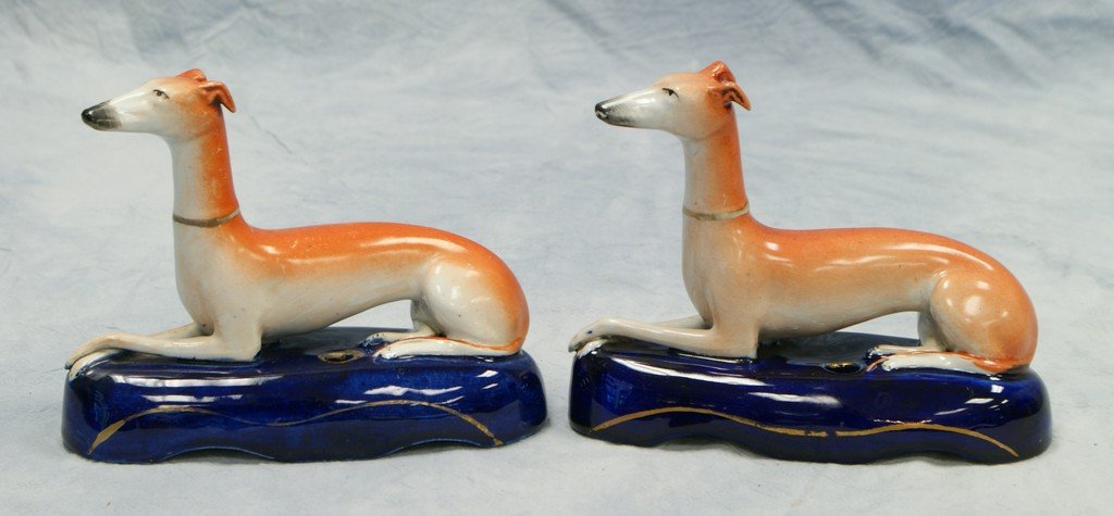 (2) matching Staffordshire greyhound inkwells, 6 3/8": (2) matching Staffordshire greyhound inkwells, 6 3/8" l, 4 7/8" h, no damage