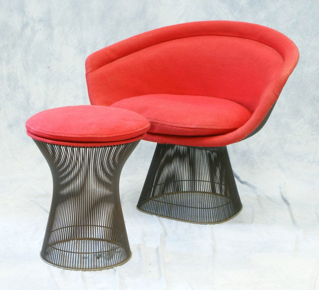 Warren Platner / Knoll lounge chair and ottoman,: Warren Platner / Knoll lounge chair and ottoman, apparently original red upholstery, on black wire frames. Knoll Associates tags. Chair: 39" x 41" x 29"