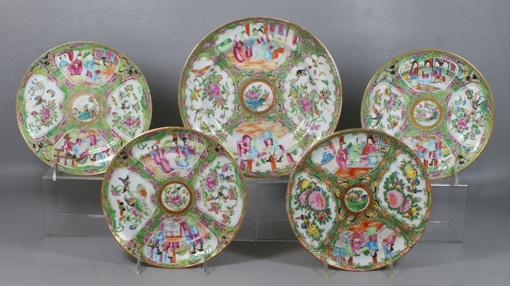 Chinese Export Rose Medallion Porcelain Lot, 5 assorted: Chinese Export Rose Medallion Porcelain Lot, 5 assorted plates and shallow bowls, largest 8-3/4" diameter, 2 with minor edge frits and one with small hairline