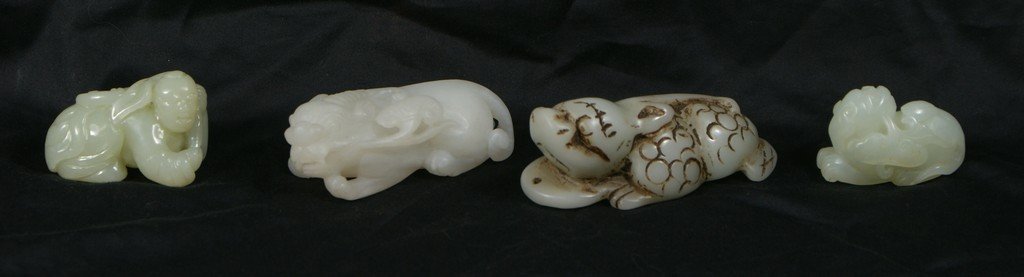 (4) carved jade/hardstone carvings, crouching man, 3: (4) carved jade/hardstone carvings, crouching man, 3 foo dogs, longest 3 3/8"