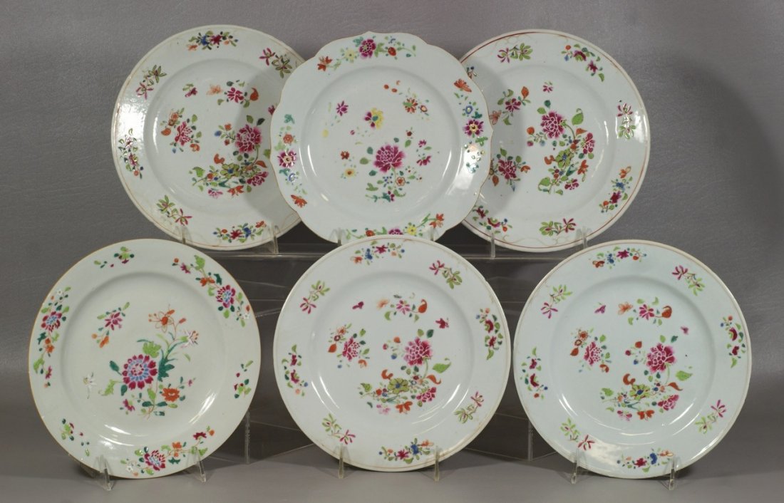 6 Chinese Export Famille Rose Plates, 9" diameter, with: 6 Chinese Export Famille Rose Plates, 9" diameter, with edge frits to all, hairline to one
