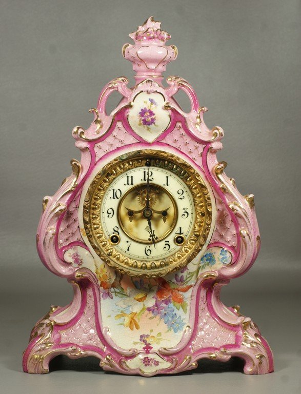 Ansonia Royal Bonn china case clock, pink rococo: Ansonia Royal Bonn china case clock, pink rococo design, open escapement, runs and strikes when wound, needs glass in front door, 15" h, not in Ly's book, round impressed Bonn mark as well as stamped 