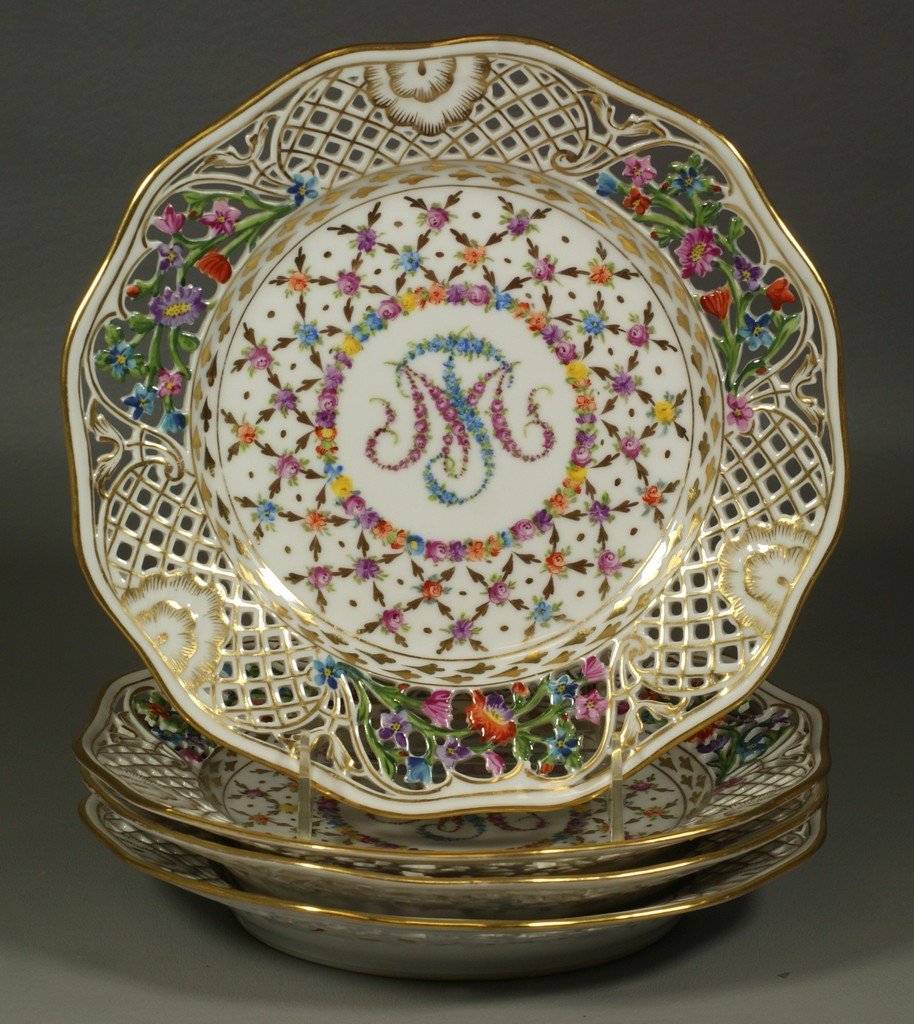(4) Carl Thieme Dresden porcelain gilt & floral: (4) Carl Thieme Dresden porcelain gilt & floral decorated plates with reticulated borders, 9" d, no damage