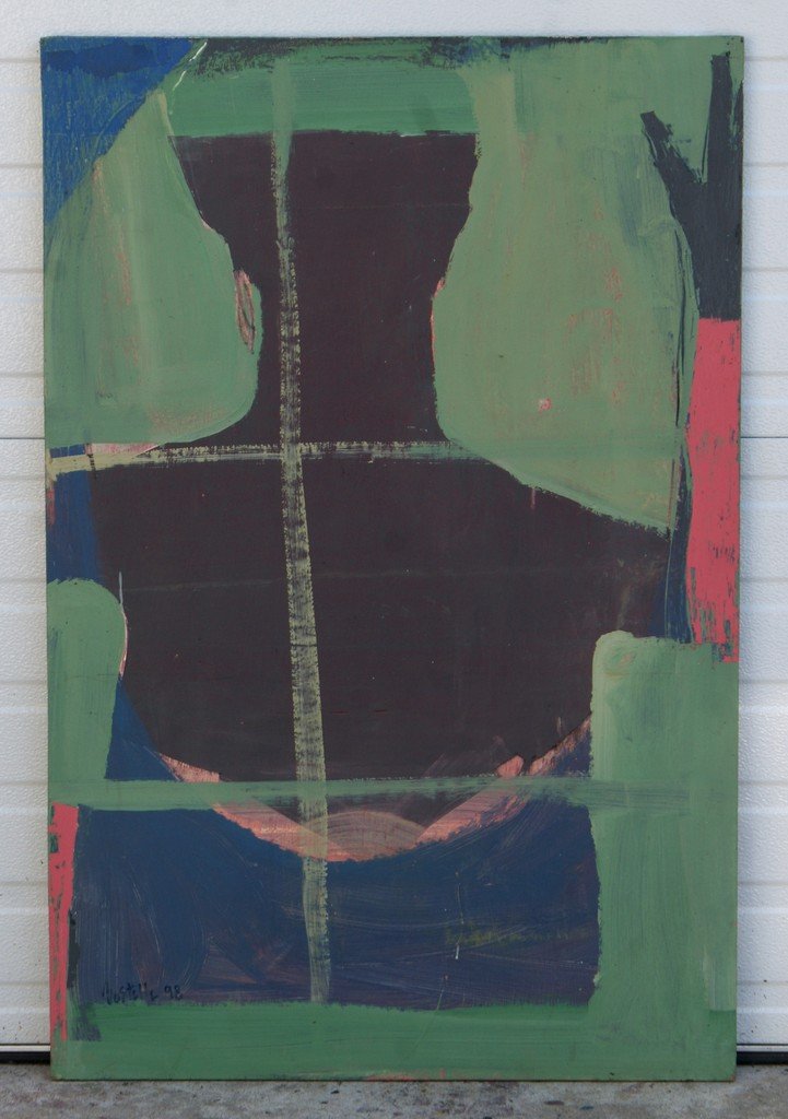 Tom Bostelle, American, PA, 1921-2005, oil on lauan,: Tom Bostelle, American, PA, 1921-2005, oil on lauan, Wooden man at window, 26 1/2"x40", signed lower left '98, bears estate stamp and accompanied by letter of authenticity from the artist son.