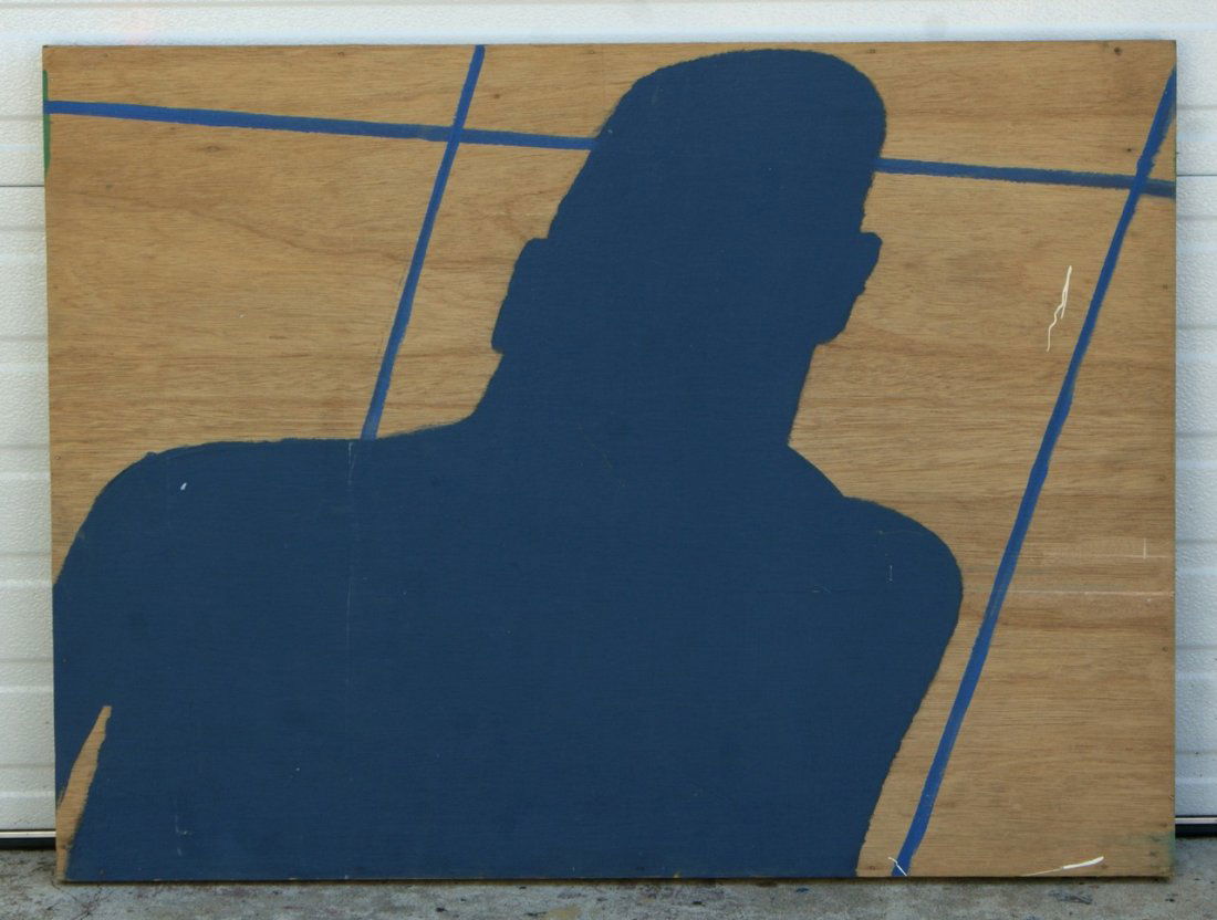 Tom Bostelle, American, PA, 1921-2005, oil on lauan,: Tom Bostelle, American, PA, 1921-2005, oil on lauan, "Blue man in window", 30"x40", bears estate stamp and accompanied by letter of authenticity from the artist son.