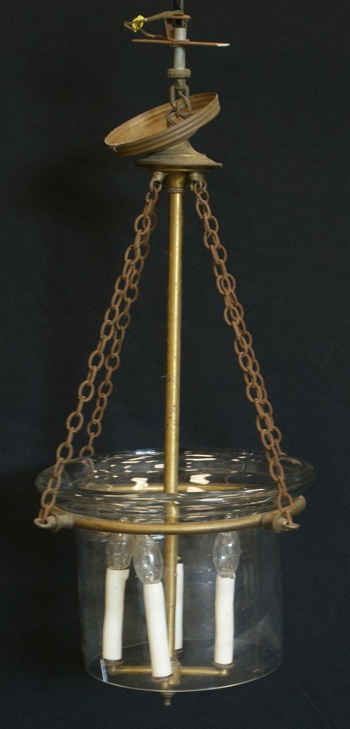 Crystal and brass hallway fixture with 4 lights, 12: Crystal and brass hallway fixture with 4 lights, 12 1/2" d, shade 9" h, about 30" to ceiling cap