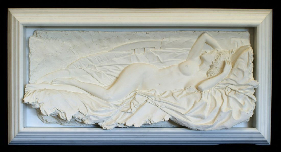 Bill Mack (b. 1949) American, Erin Taylor Editions: Bill Mack (b. 1949) American, Erin Taylor Editions bonded sand relief sculpture of a reclining nude, overall 40" x 77", signed and numbered XII/L upper left, inscribed verso "To Jack and Donna / Best