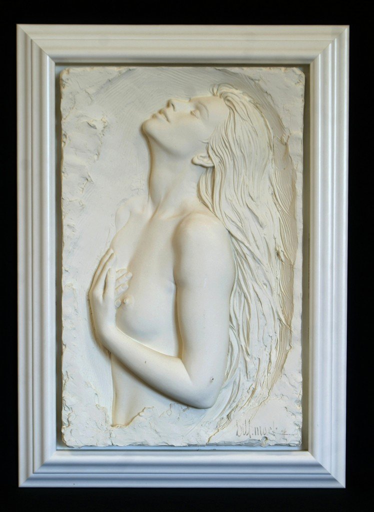 Bill Mack (b. 1949) American, Erin Taylor Editions: Bill Mack (b. 1949) American, Erin Taylor Editions bonded sand relief sculpture of a nude with folded hands, overall 40" x 28 1/2", signed and numbered 103/120 lower right