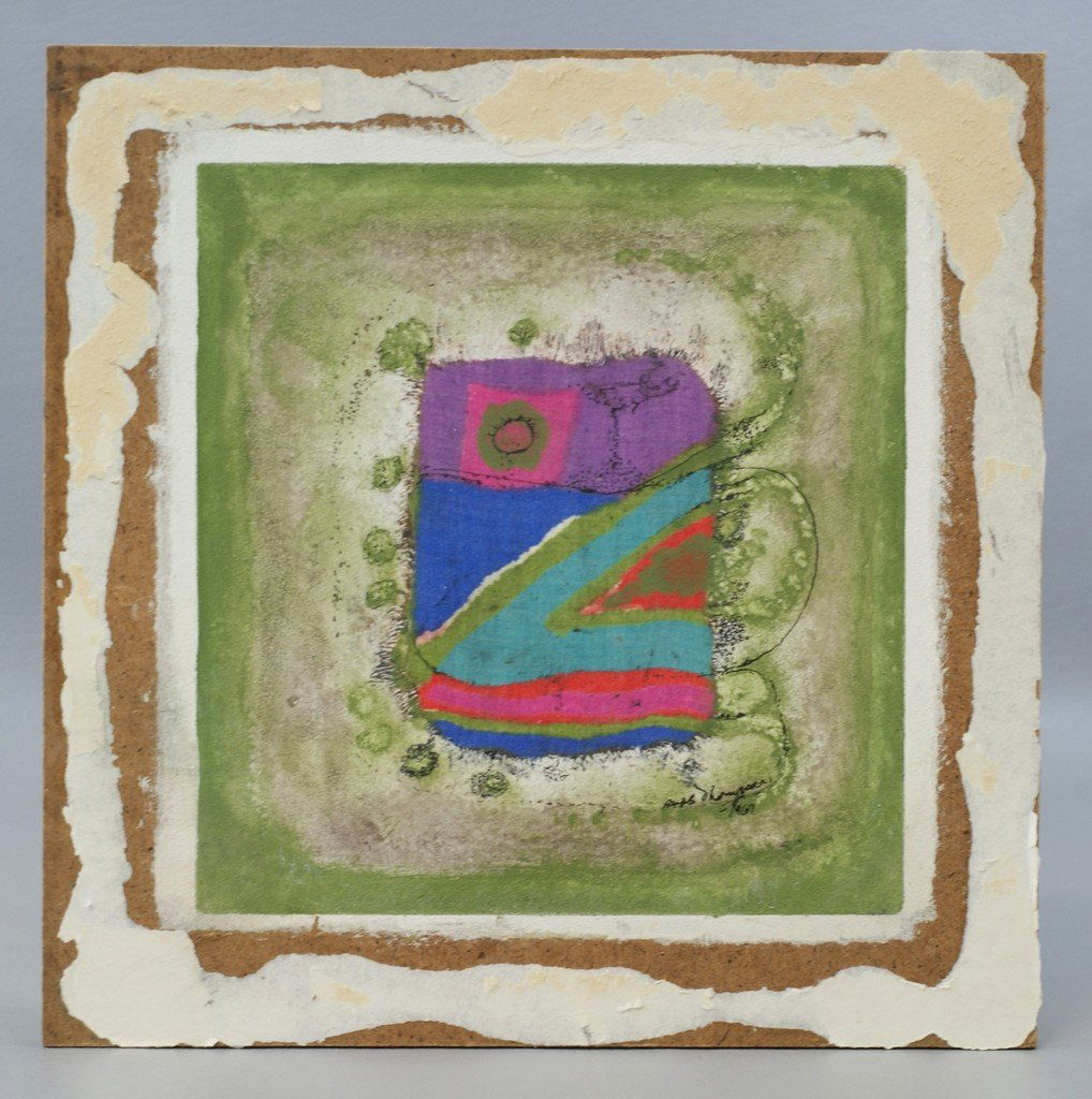 Russ Thompson, African-American, born Jamaica 1922,: Russ Thompson, African-American, born Jamaica 1922, Part of the late 60's Black Emergency Cultural Coalition along with Benny Andrews, mixed media on masonite, Peace in the Fields, 8 3/4" x 8 1/4", da