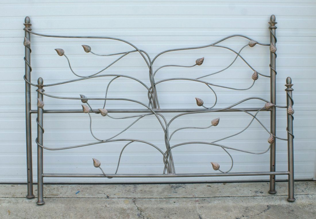 King Size Wrought Iron bed with leaf motif, with rails,: King Size Wrought Iron bed with leaf motif, with rails, 77" w, 56" h