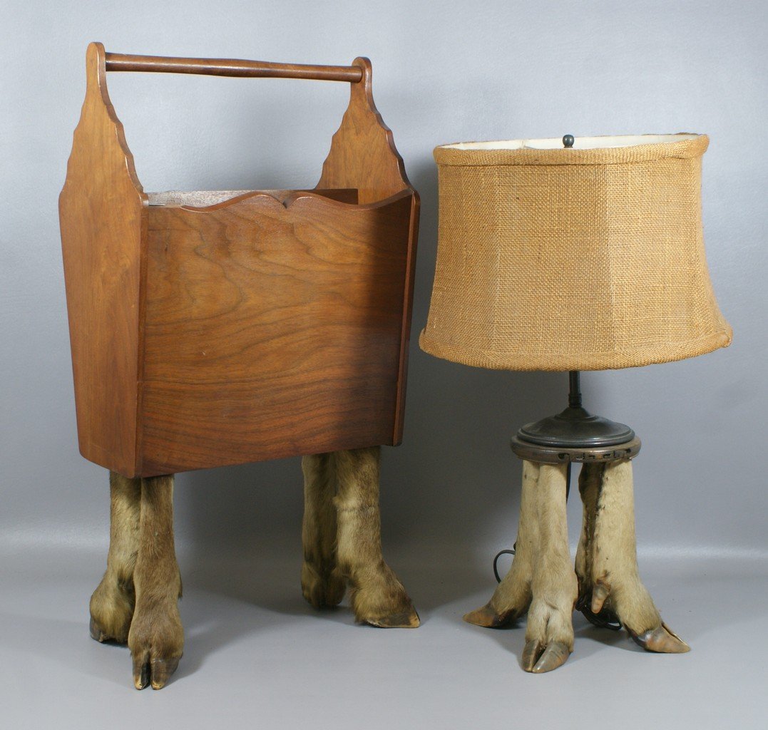 Table lamp and magazine rack with deer hoof foot bases,: Table lamp and magazine rack with deer hoof foot bases, tallest 28"